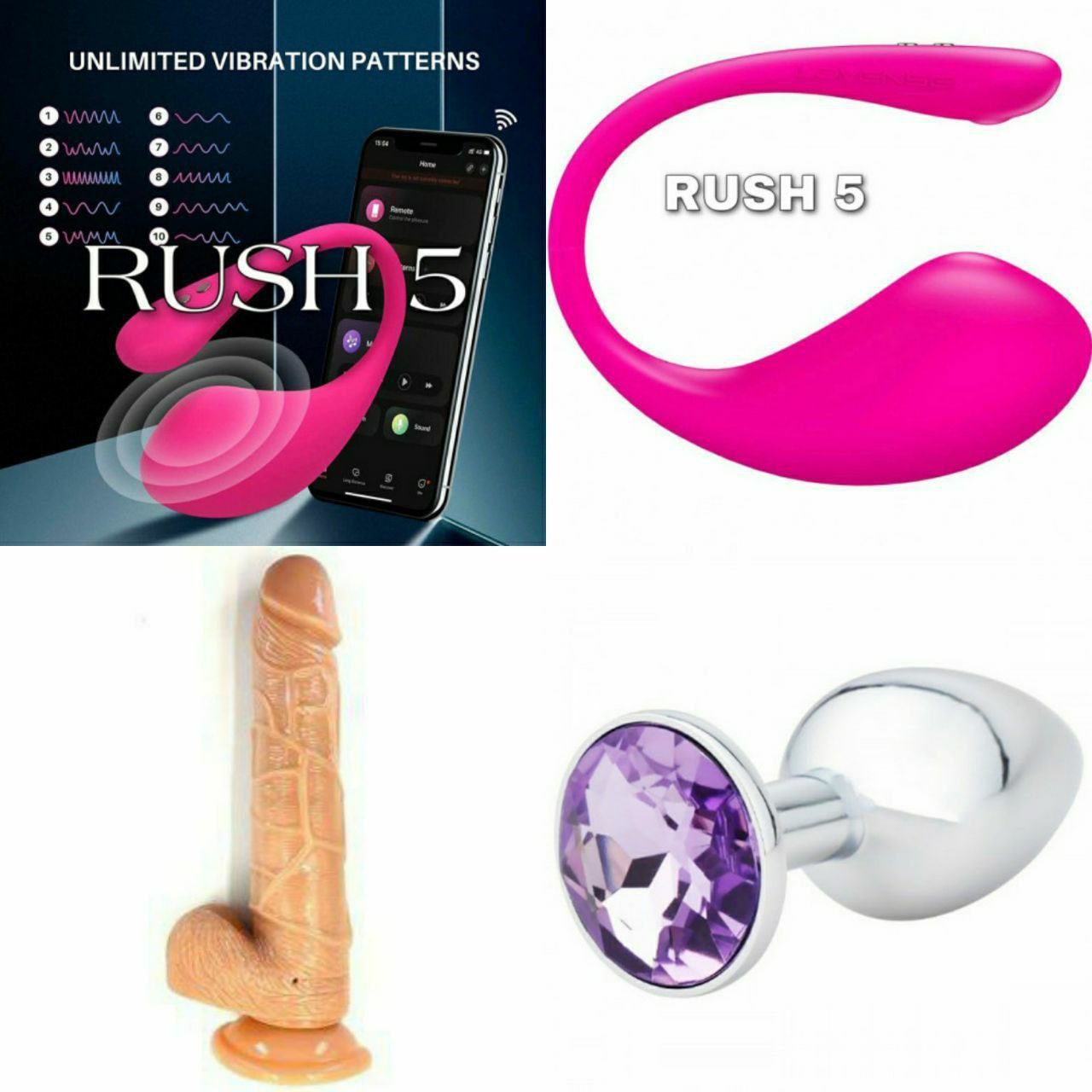 Rush 5 App Control Vibrator With 6 Inch Dildo With Suction Cup & Steel Butt Plug