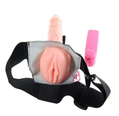 7 Inch Vibrating Strap-On Hollow Dildo With Pussy