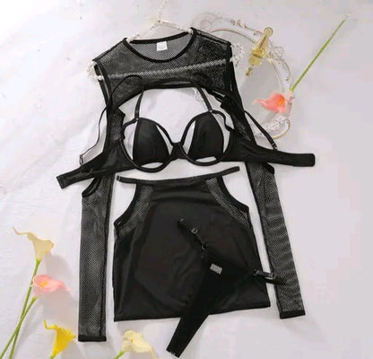 Premium Black Fishnet Bodysuit – 4 Piece Set